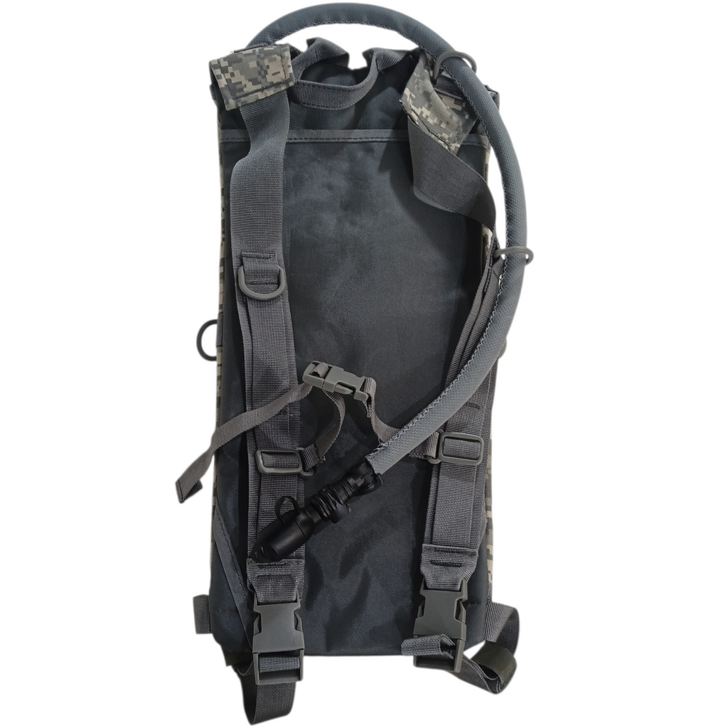 Sac d'hydratation 3 Litres ACU: sac à dos noir avec sangles et attaches MOLLE, design militaire, système d’attache pour gourde ou tube.