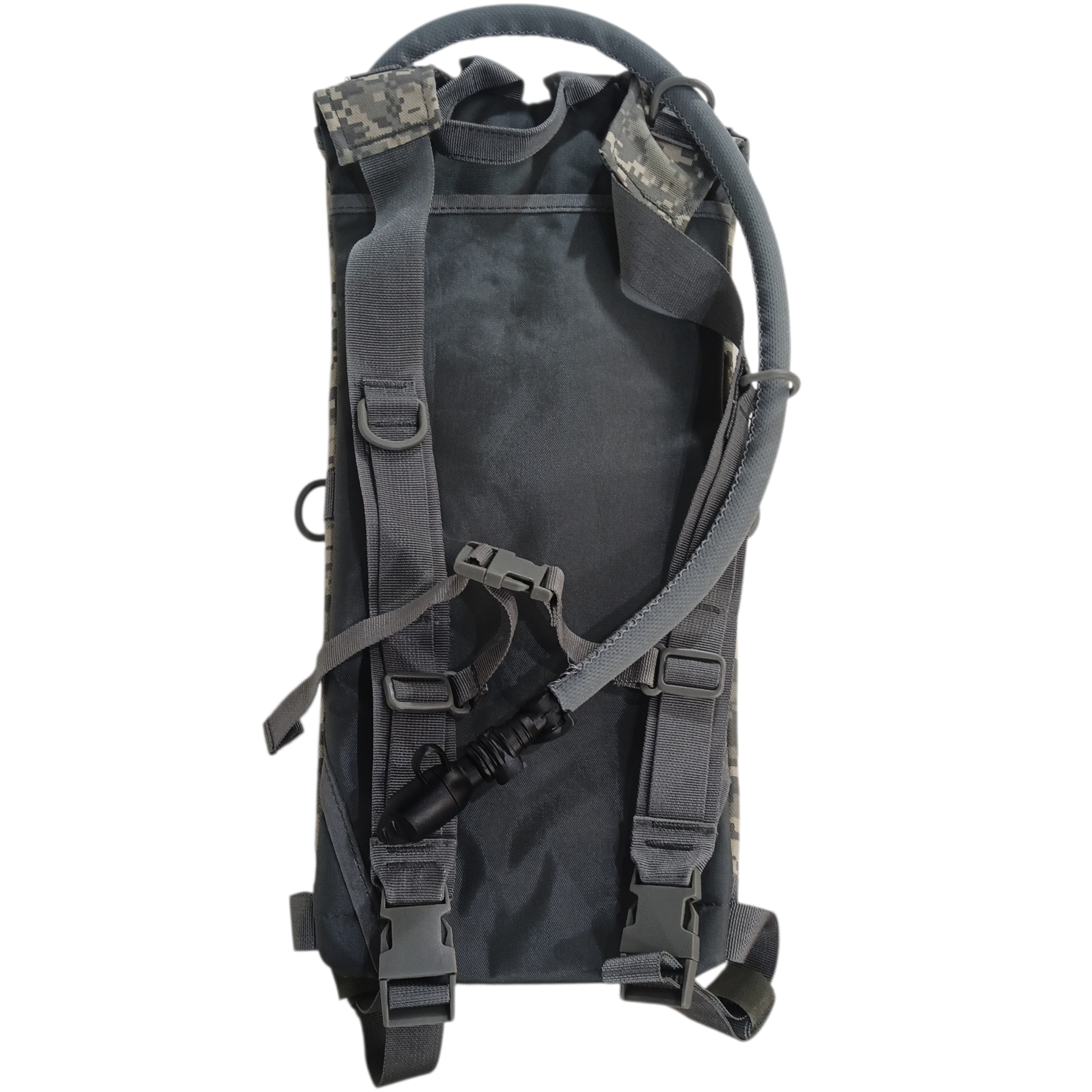 Sac d'hydratation 3 Litres ACU: sac à dos noir avec sangles et attaches MOLLE, design militaire, système d’attache pour gourde ou tube.