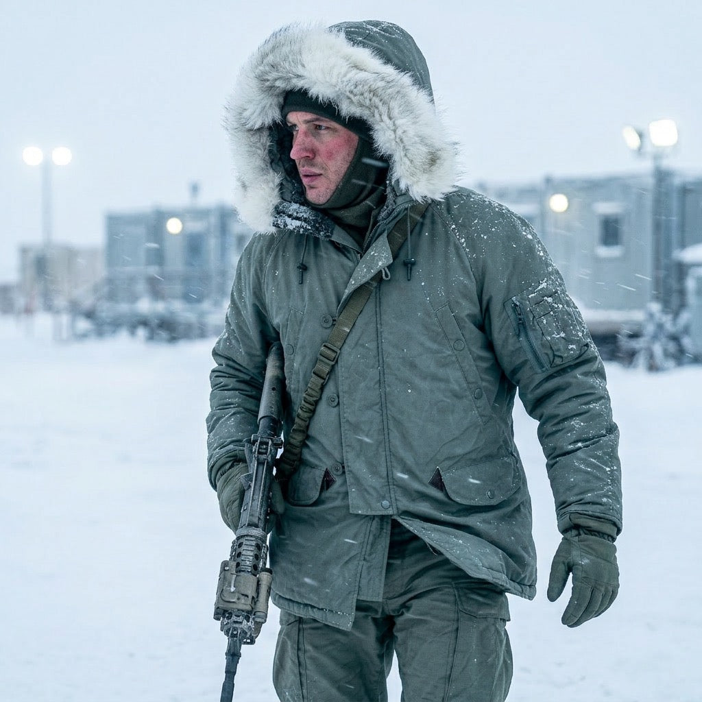 Homme en parka mcomme fourrure, manteau gris-vert d’hiver extrême avec capuche en fausse fourrure, gants et fusil, standing dans la neige froide. Parka N3B US Army grand froid extrême authentique.