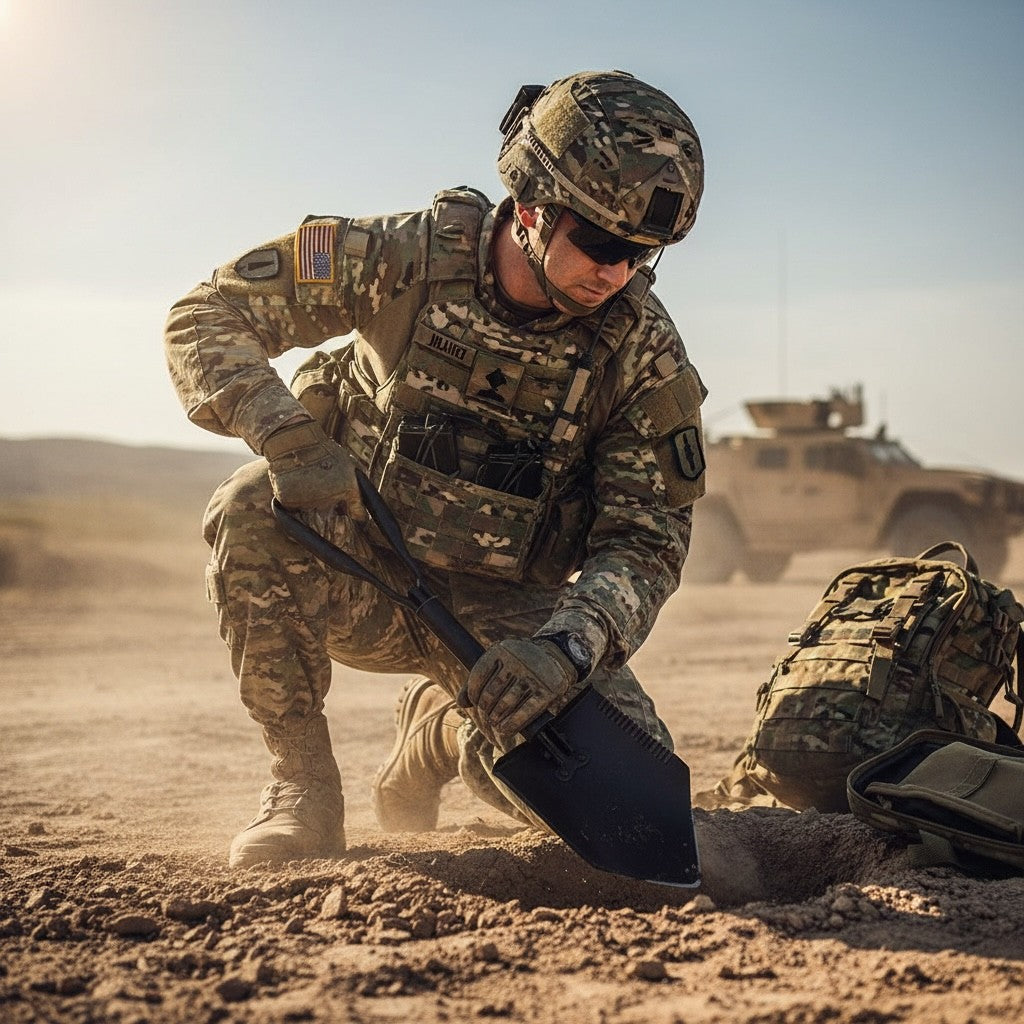 Soldat en uniformes camouflage US Army, équipé d’un gilet tactique et casque, en position de fouille dans le désert avec pelle pliable US Army authentique AMES à proximité.