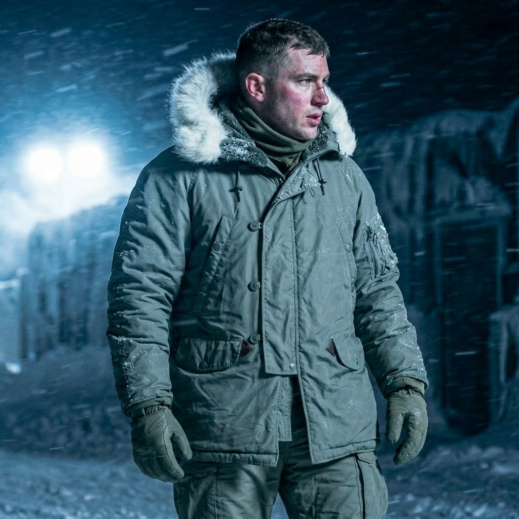 Parka N3B US Army, homme en manteau d'hiver épais avec capuche en fourrure, gants et environment neigeux extrême.
