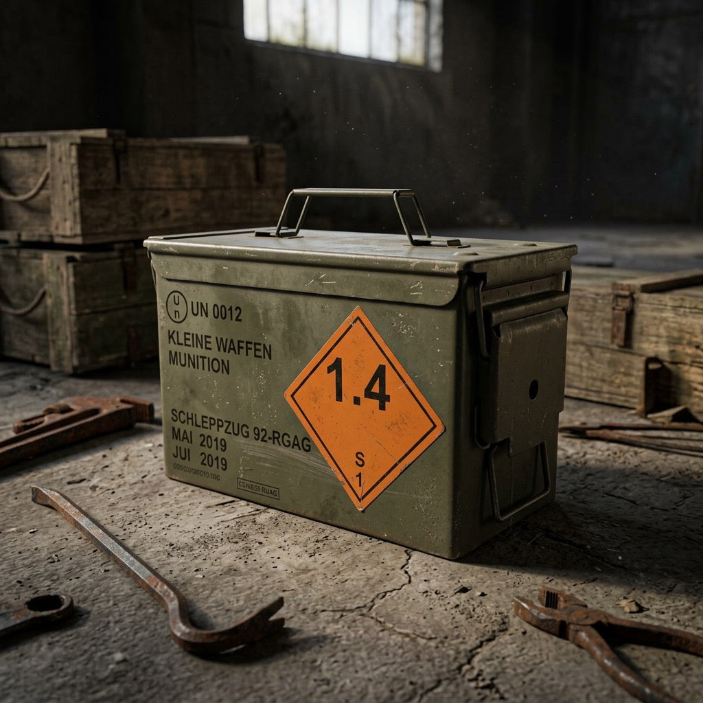 Caisse métallique étanche kaki avec poignée, symbole de matériaux explosifs 1.4 et étiquette orange; boîte militaire de munition dans un atelier industriel.