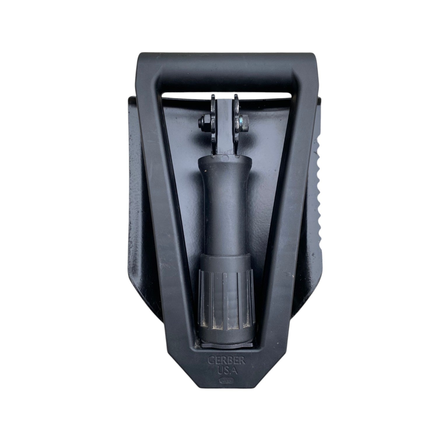 Pelle pliante Gerber US Army, lame et manche noir, attachment et mécanisme de serrage visibles, vue frontale.