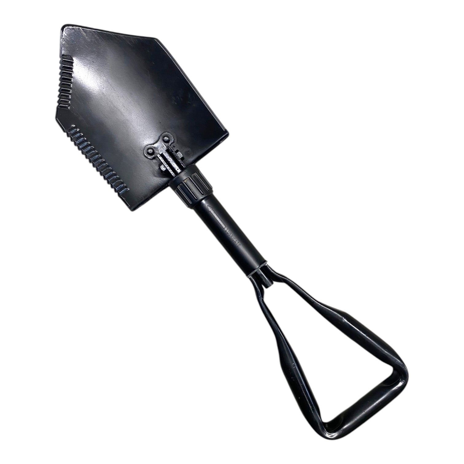 Pelle militaire pliante noire de style US Army, avec poignée télescopique et mécanisme de verrouillage à crans.