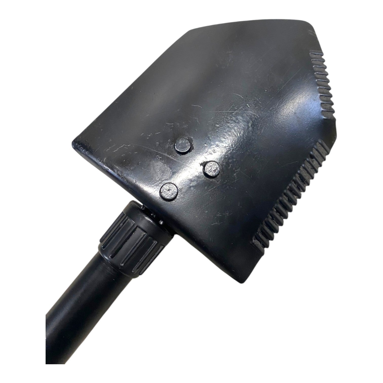 Pelle militaire pliante noire US Army authentique AMES avec manche et capuchon ajustable, face en métal lisse.