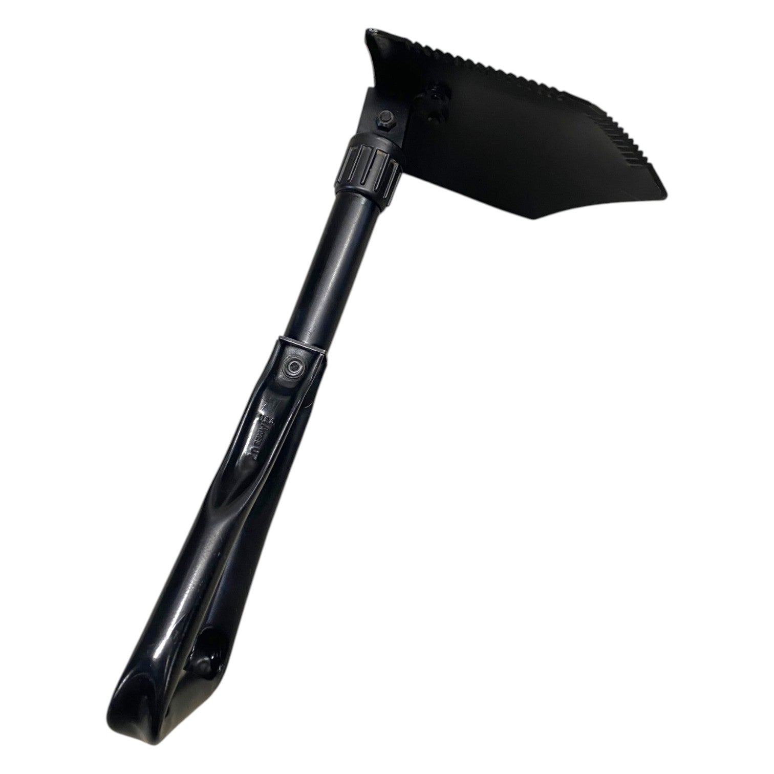 Pelle militaire pliante US Army authentique, manche noire avec scie et mécanisme de pliage, cuillère large et dentée en tête.