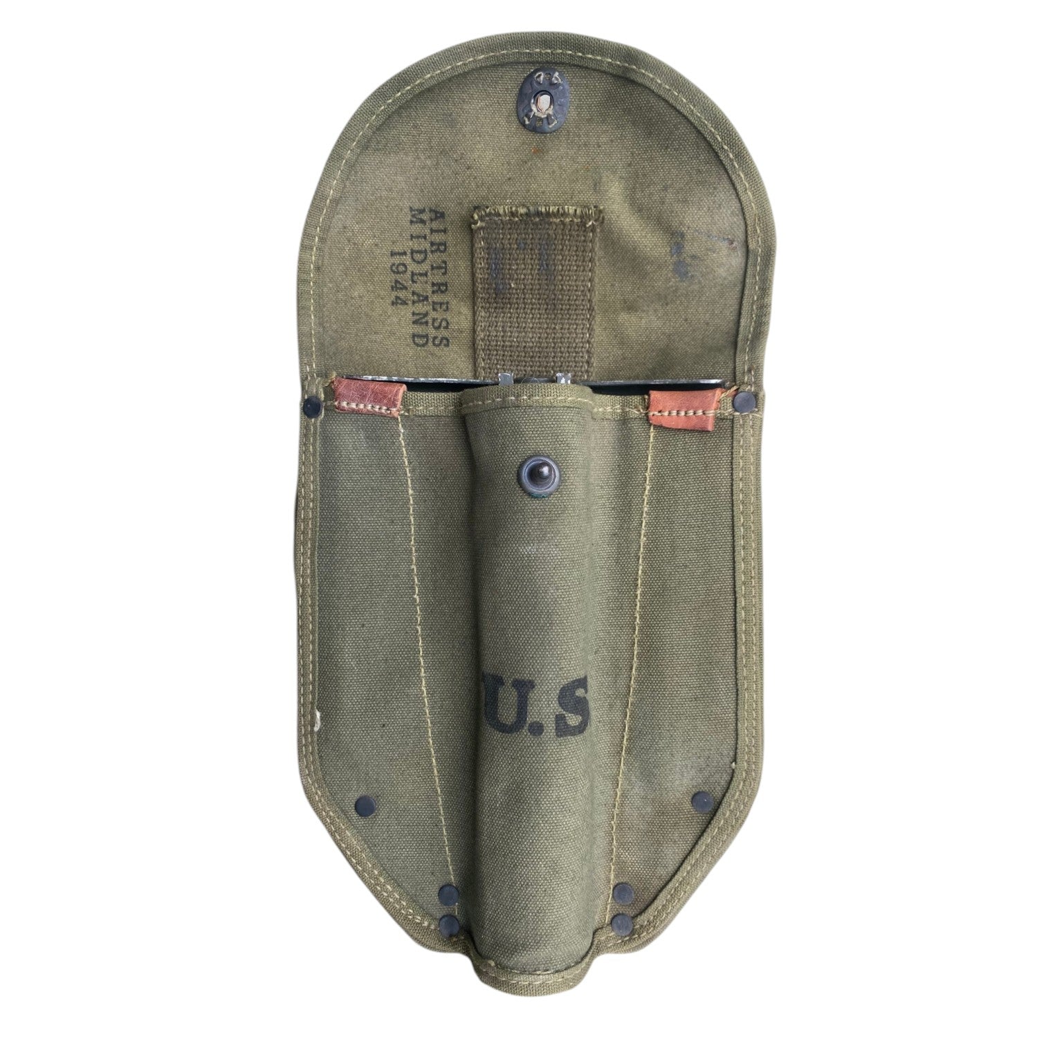 Pochettes de ceinture US Army WW2 1944 originale: étui camo kaki avec sternum, bouton et feutrage, inscription U.S. sur la poche principale.