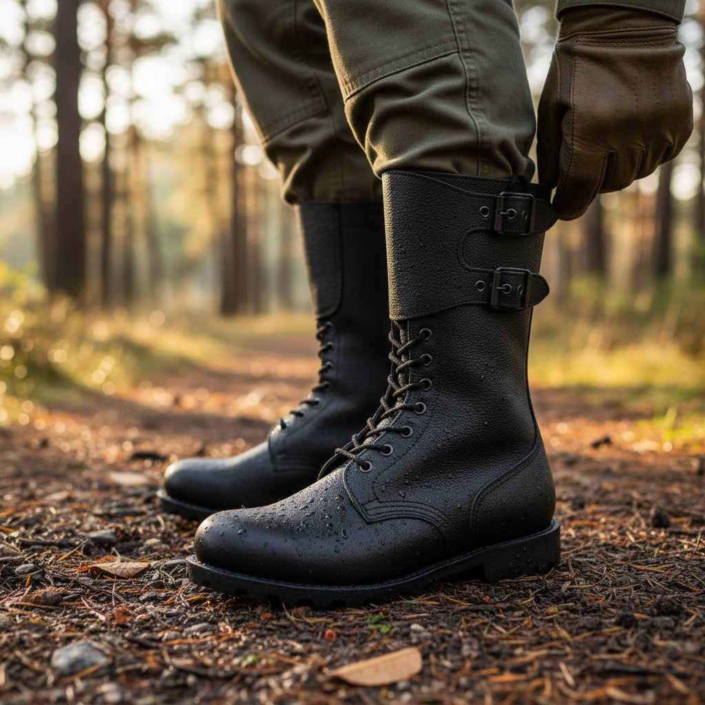 Bottes militaires noires en cuir Goodyear, hauteur genoux, lacets avant et double bride, worn sur terrain forestier. Ranger BM65 arme française.