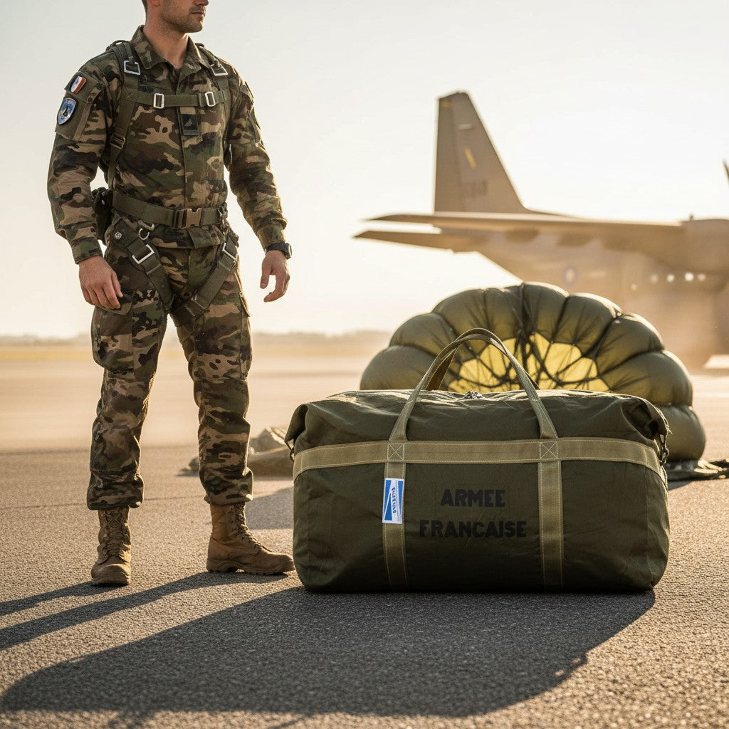 Soldat en uniforme camouflé près d’un sac de parachutiste marqué “ARMÉE FRANCAISE” sur une piste, avec aéronef en arrière-plan.
