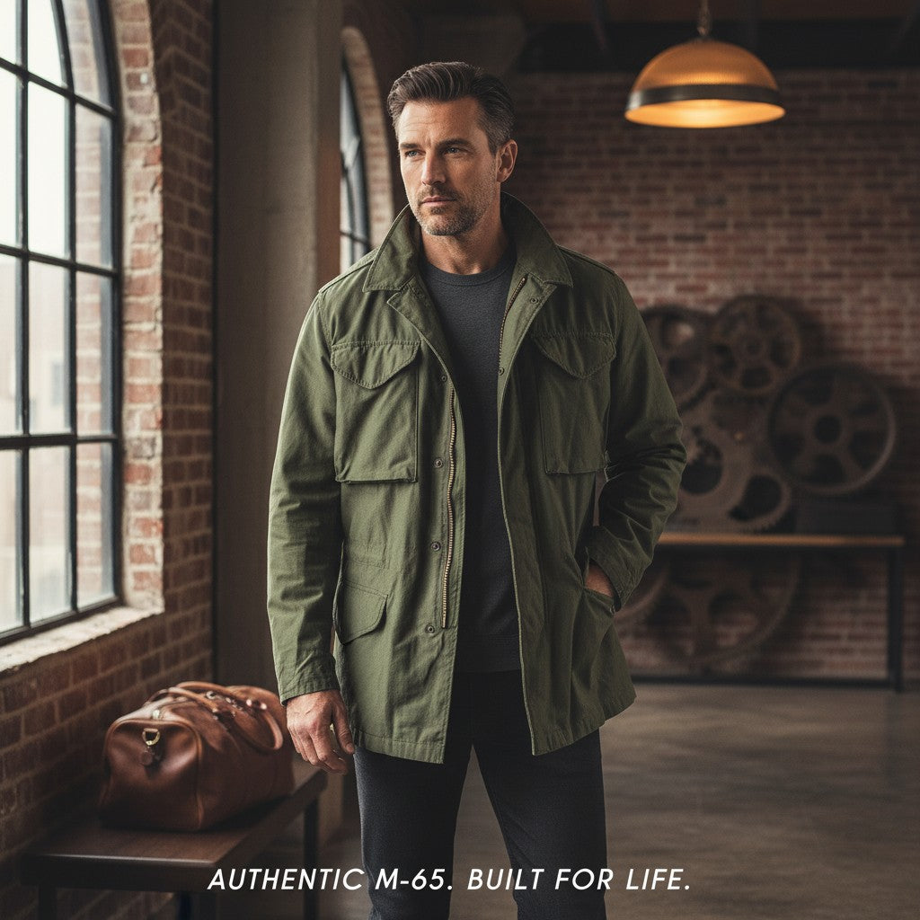 Veste M-65 militaire verte portée par un homme dans un atelier industriel, style cargo, with pockets, textuelle “AUTHENTIC M-65. BUILT FOR LIFE.” au premier plan.