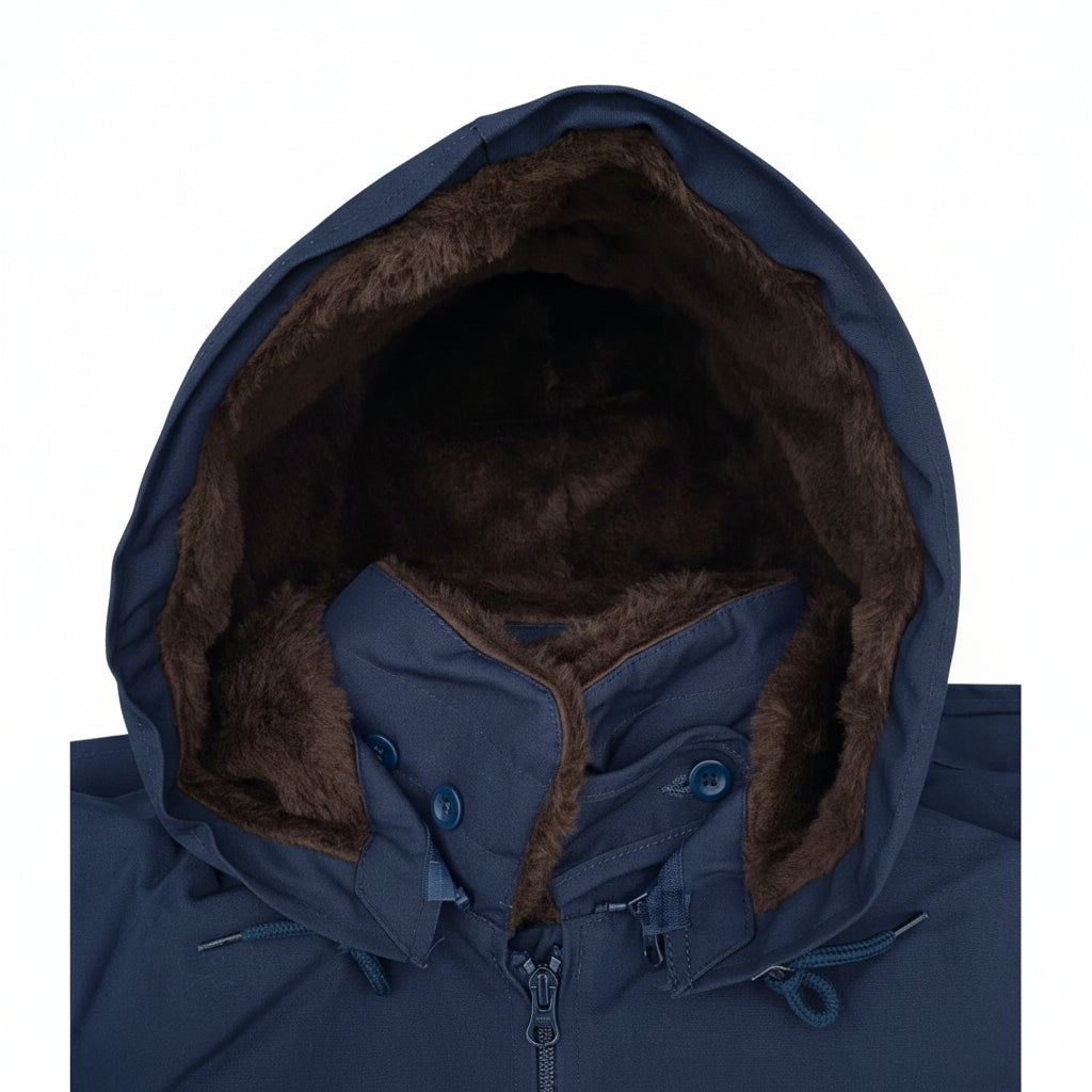 Veste bleue marine à capuche avec doublure intérieure marron en peluche, fermeture éclair et cordons.