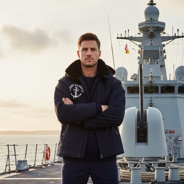 Veste bleu marine courte avec col en fourrure sur un homme debout les bras croisés sur le pont d’un navire militaire.