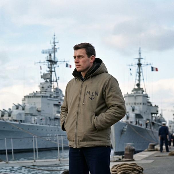 Blouson kaki homme avec capuche, logo MARINE et ancre sur la poitrine, porté près d’un quai naval devant des navires de guerre.