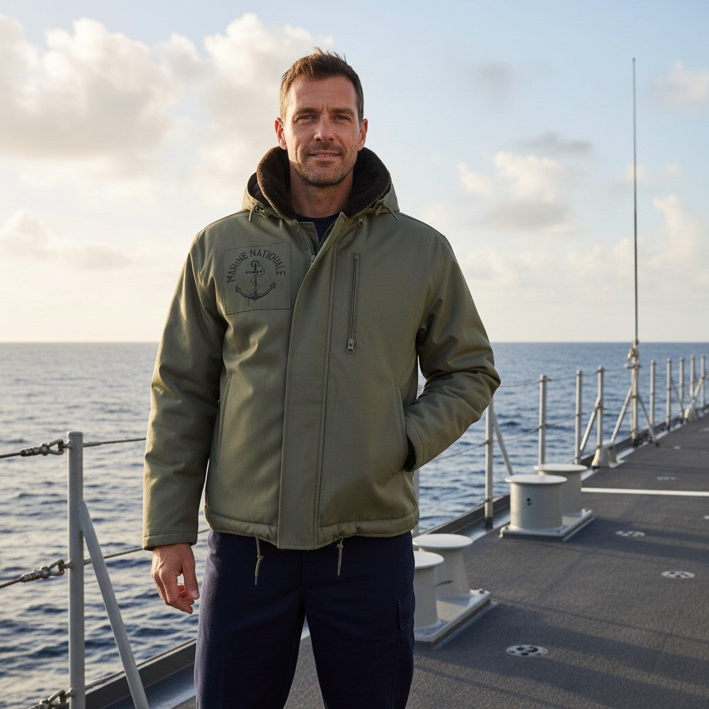 Veste olive coupe bomber marine nationale kaki, logo corps sur la poitrine gauche, homme debout sur un pont au bord de la mer.
