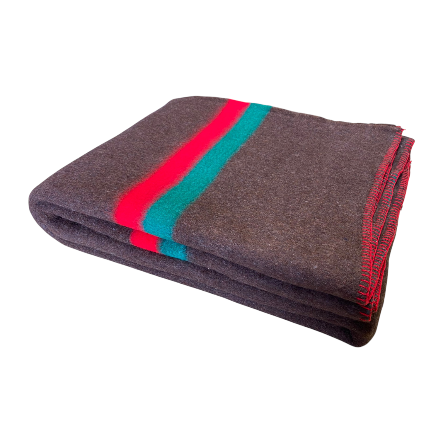 Couverture militaire en laine pliée, couleur marron avec bandes rouge et vert; bords cousus.