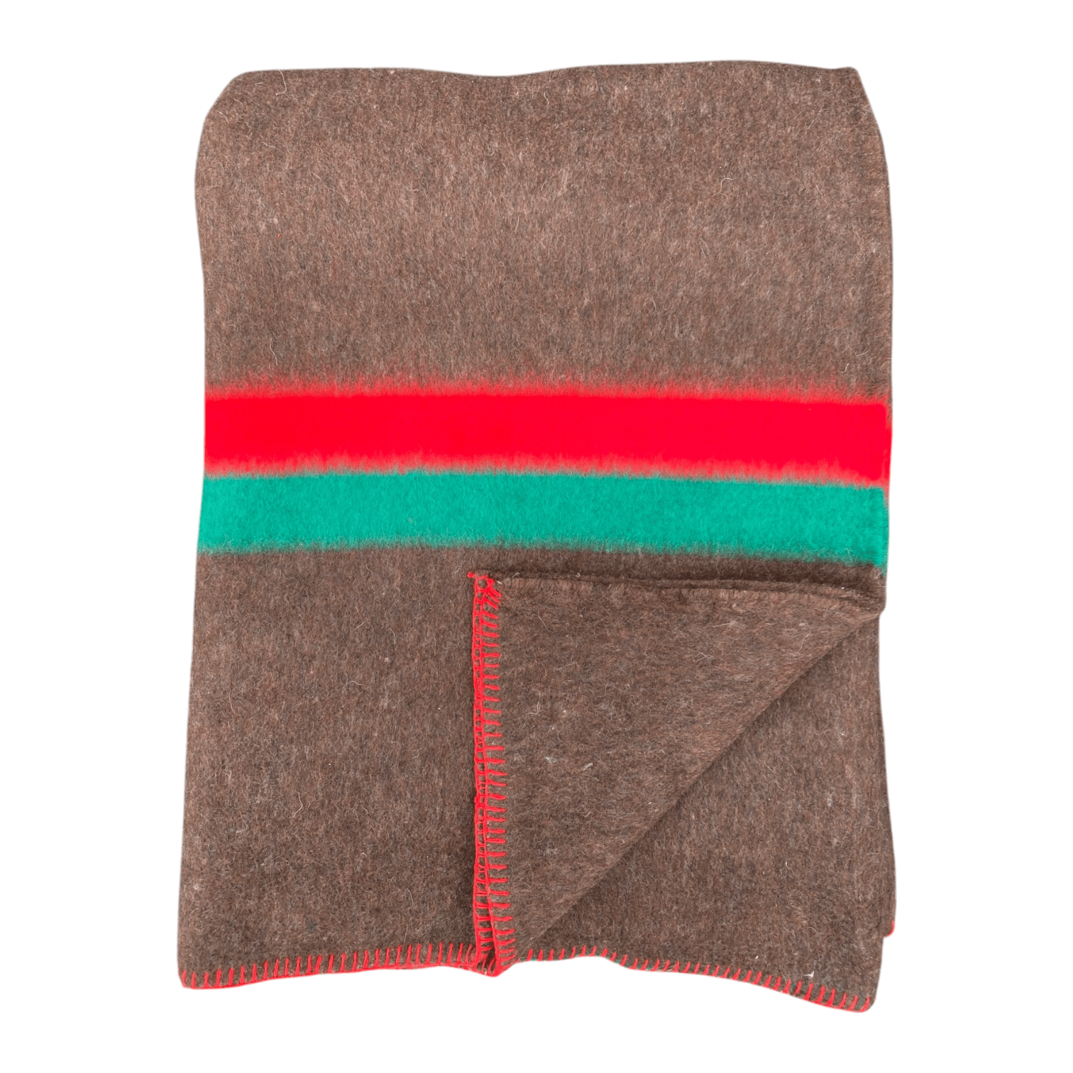 Couverture militaire en laine gris moka avec bandes rouge et vert, coins rabattus et surpiqûres rouges.