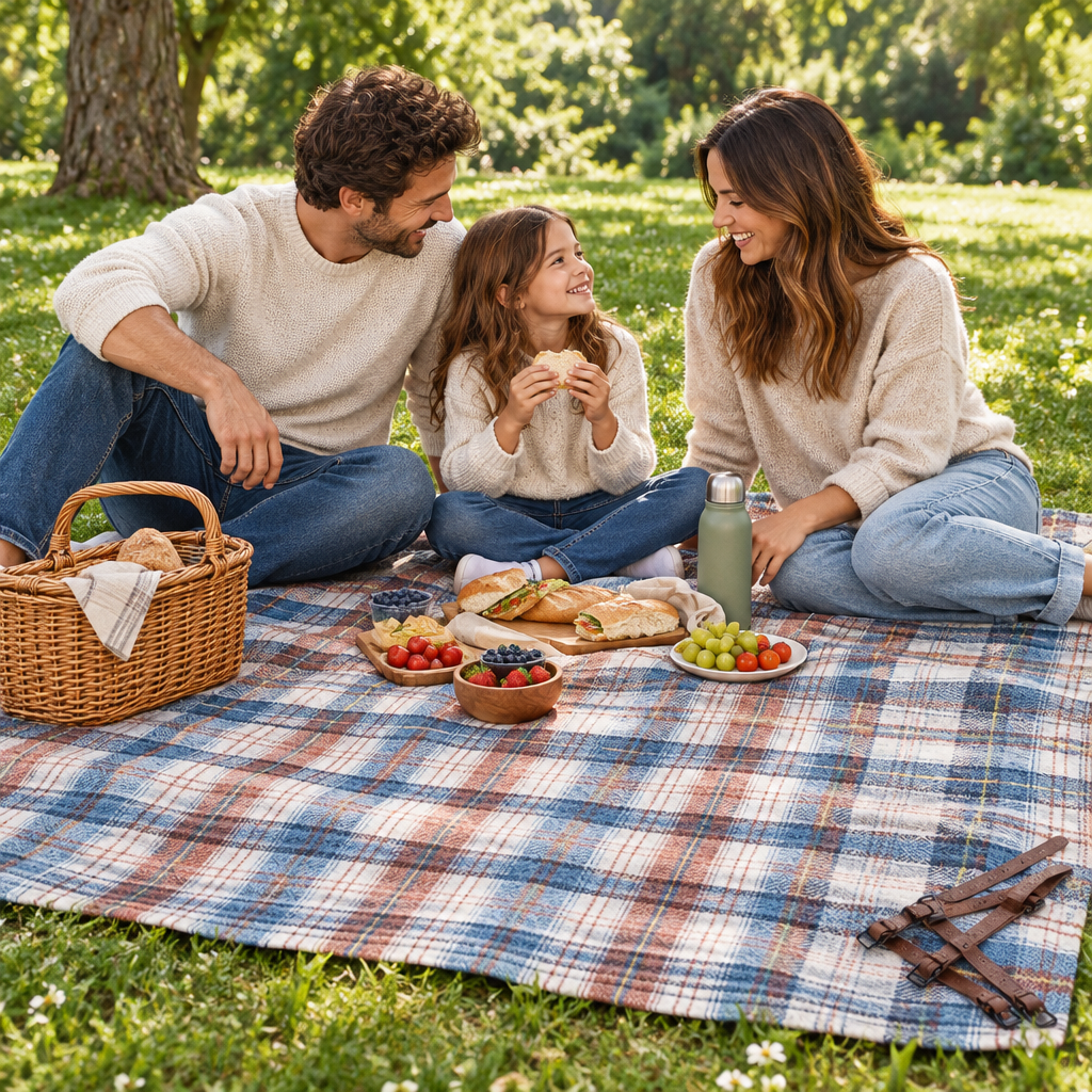 Famille en pique-nique sur la couverture à carreaux