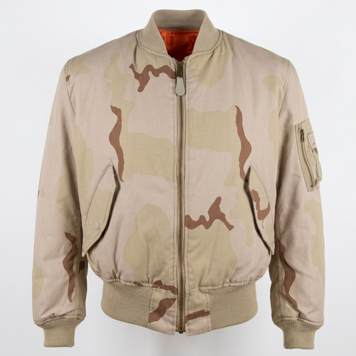 Génération en cours : blouson bomber Alpha MA-1 DCU en camouflage désert, vu de face complet sur fond blanc