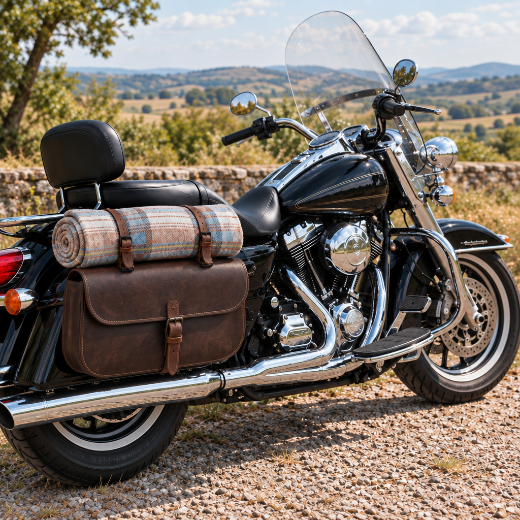 Harley avec une sacoche en cuir sans double sangle et la couverture roulée dessus