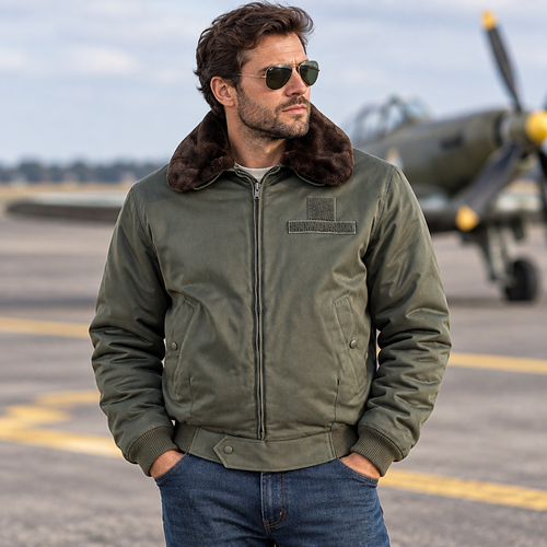 Homme portant le blouson de vol avec des lunettes d’aviation sur une piste