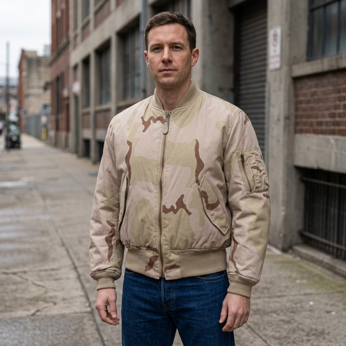 Homme portant le bomber Alpha MA-1 DCU dans un décor urbain
