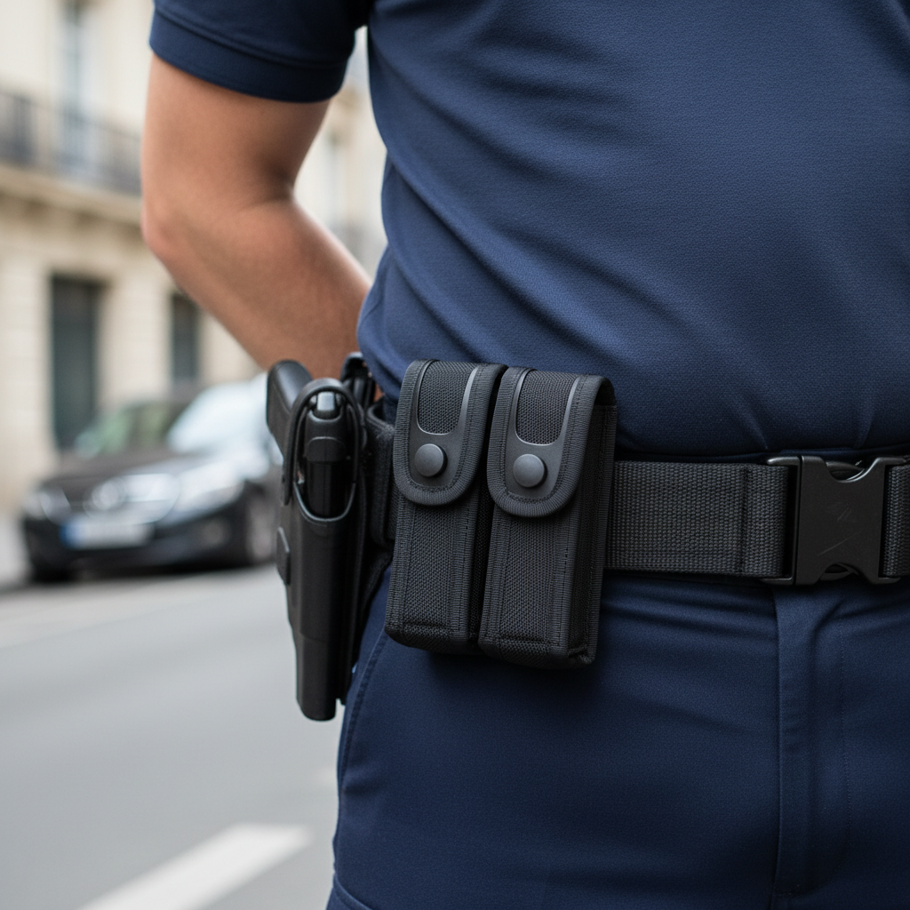 Porte-chargeurs double nylon noir GK Pro fixé sur ceinturon de gendarme en uniforme bleu marine