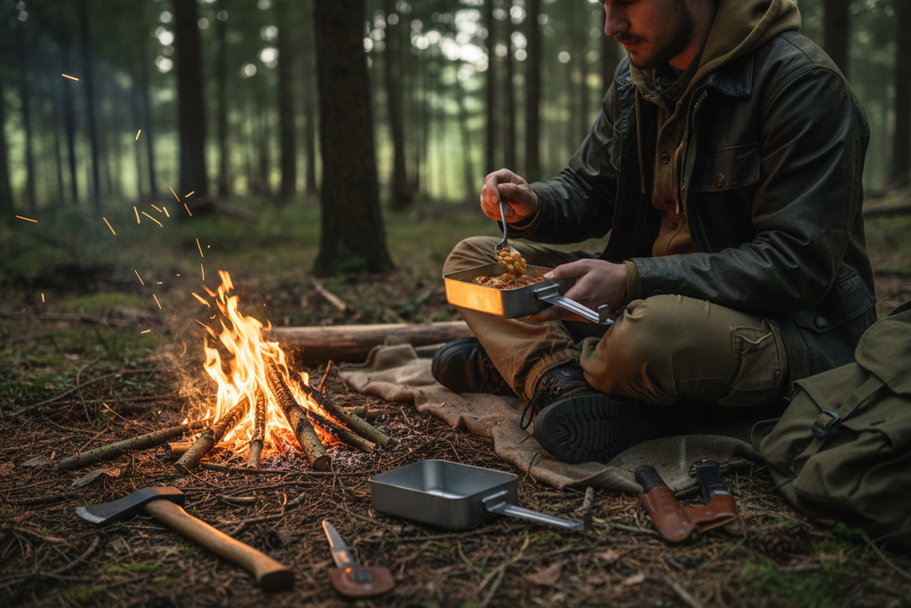 Randonneur en forêt utilisant une gamelle aluminium TOURNUS au coin du feu