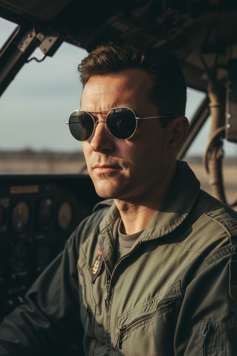 Pilote hélicoptère Armée Française années 60 avec lunettes vintage