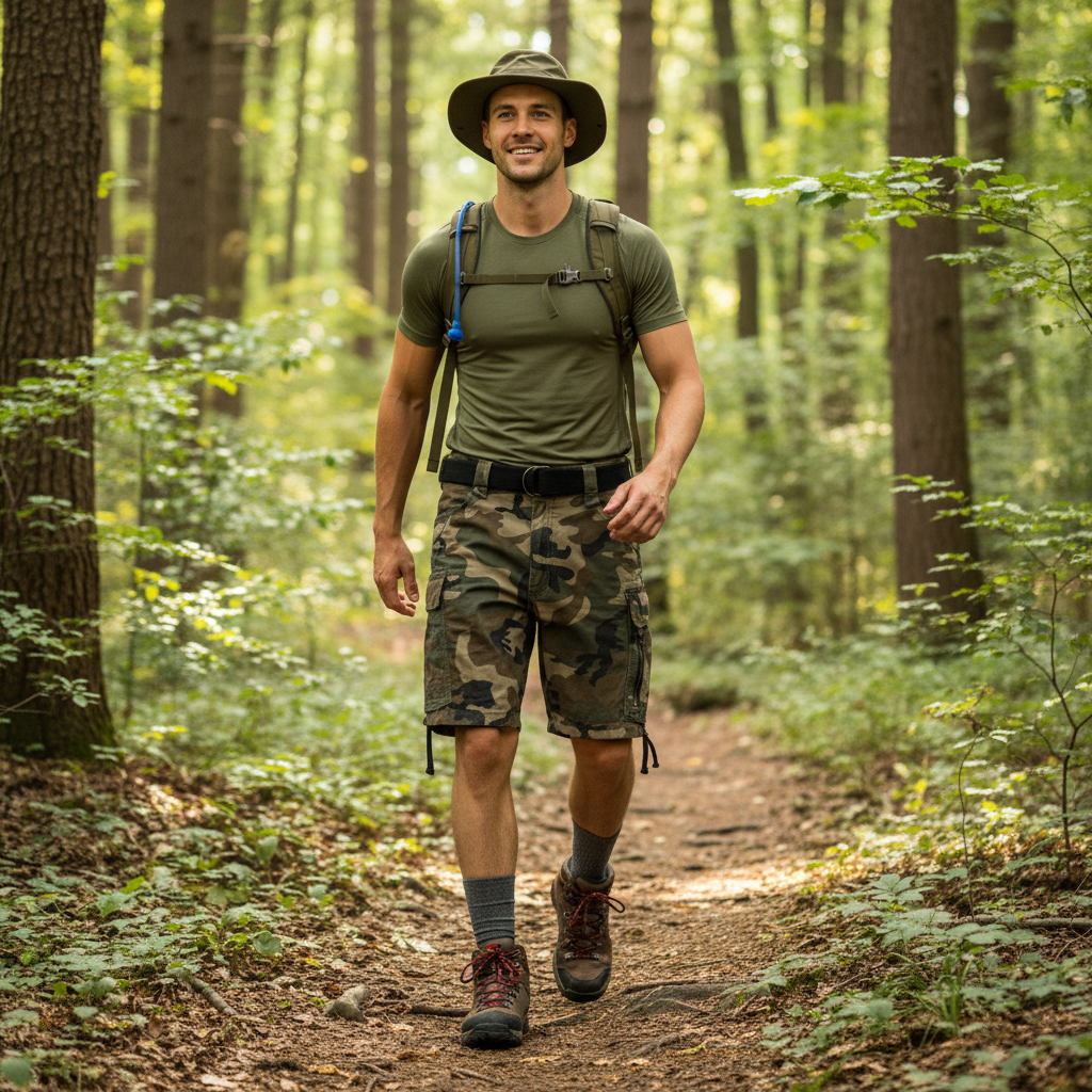 Randonneur en short cargo woodland camouflage en forêt