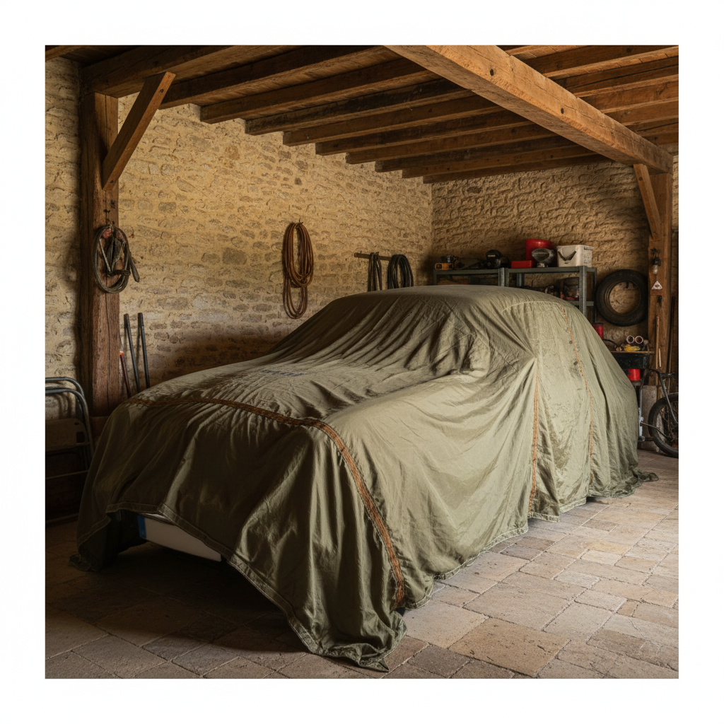 Voilure de parachute vert militaire utilisée comme bâche sur une voiture dans un garage français
