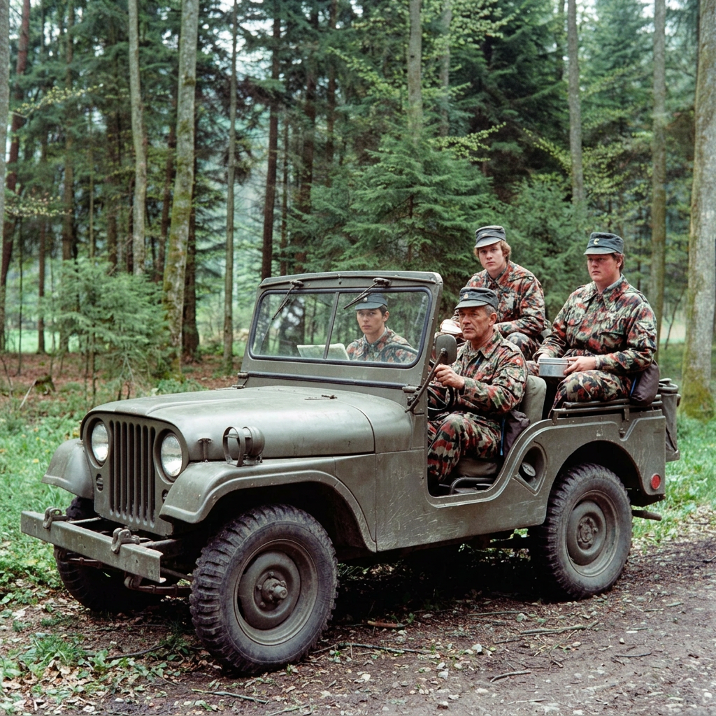 Jeep militaire avec des soldats suisses à bord