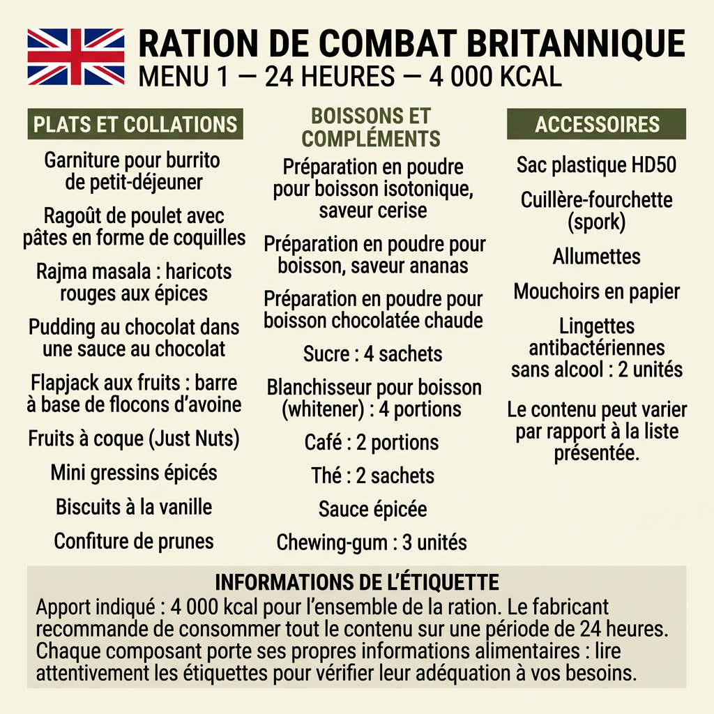 Menu 1 britannique traduit et détaillé avec les quantités et accessoires