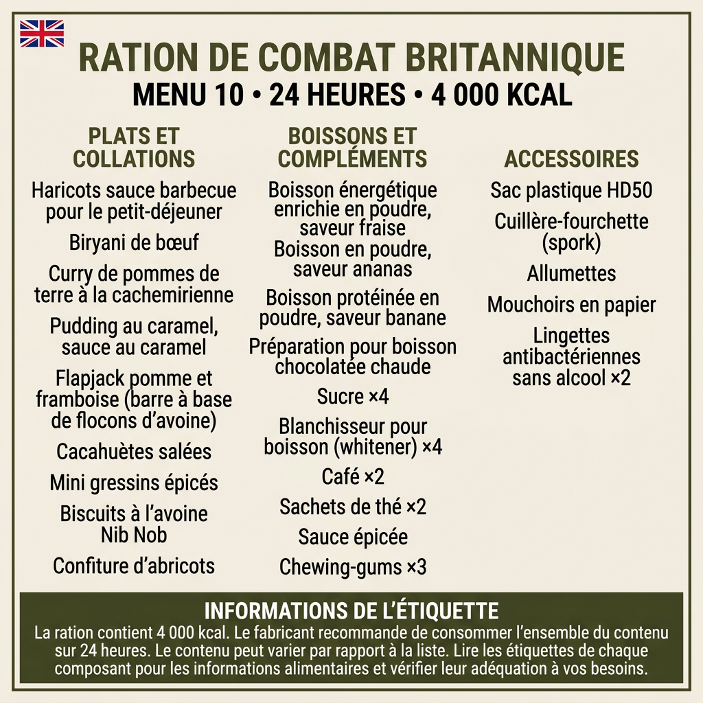 Menu 10 de la ration britannique traduit en français, 24 heures et 4 000 kcal