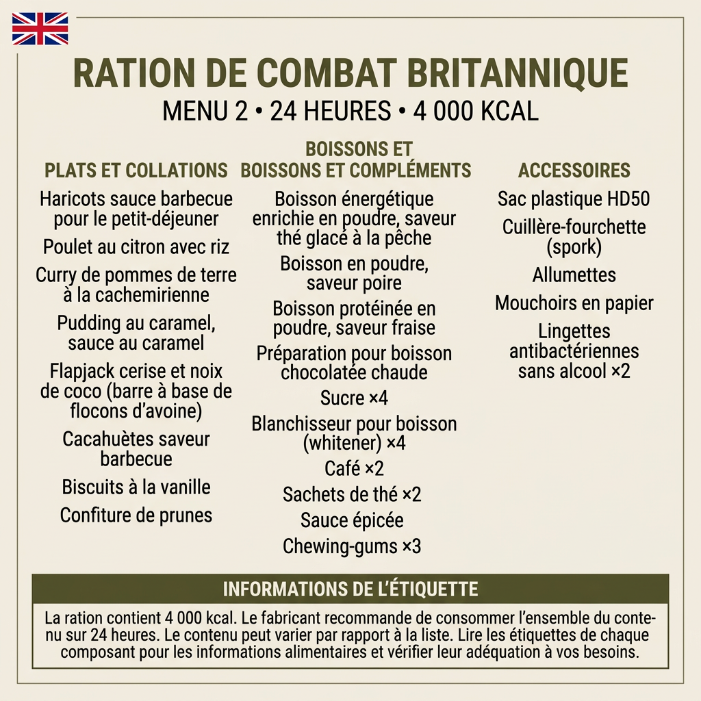Menu 2 de la ration britannique traduit en français, 24 heures et 4 000 kcal