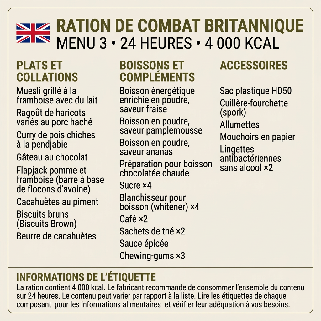 Menu 3 de la ration britannique traduit en français, 24 heures et 4 000 kcal