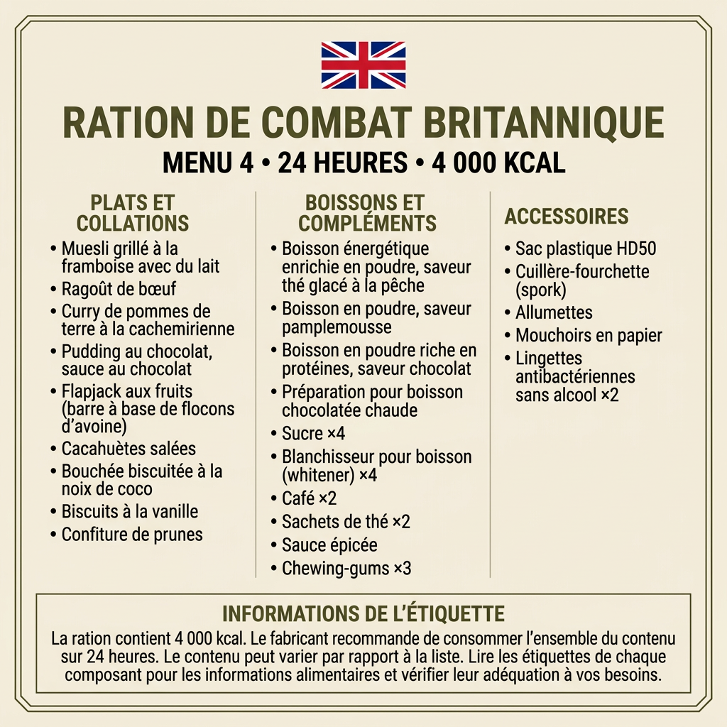 Menu 4 de la ration britannique traduit en français, 24 heures et 4 000 kcal