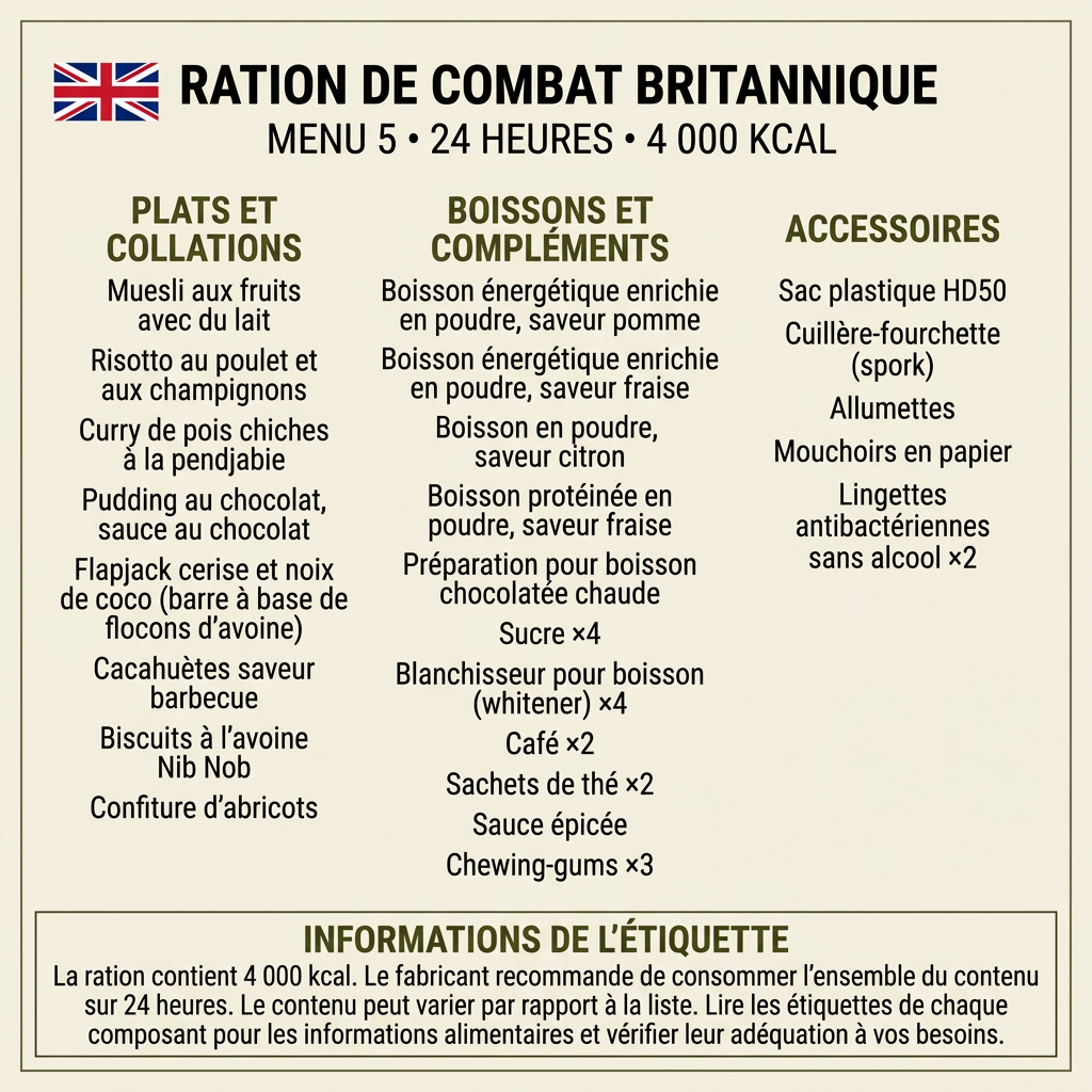 Menu 5 de la ration britannique traduit en français, 24 heures et 4 000 kcal