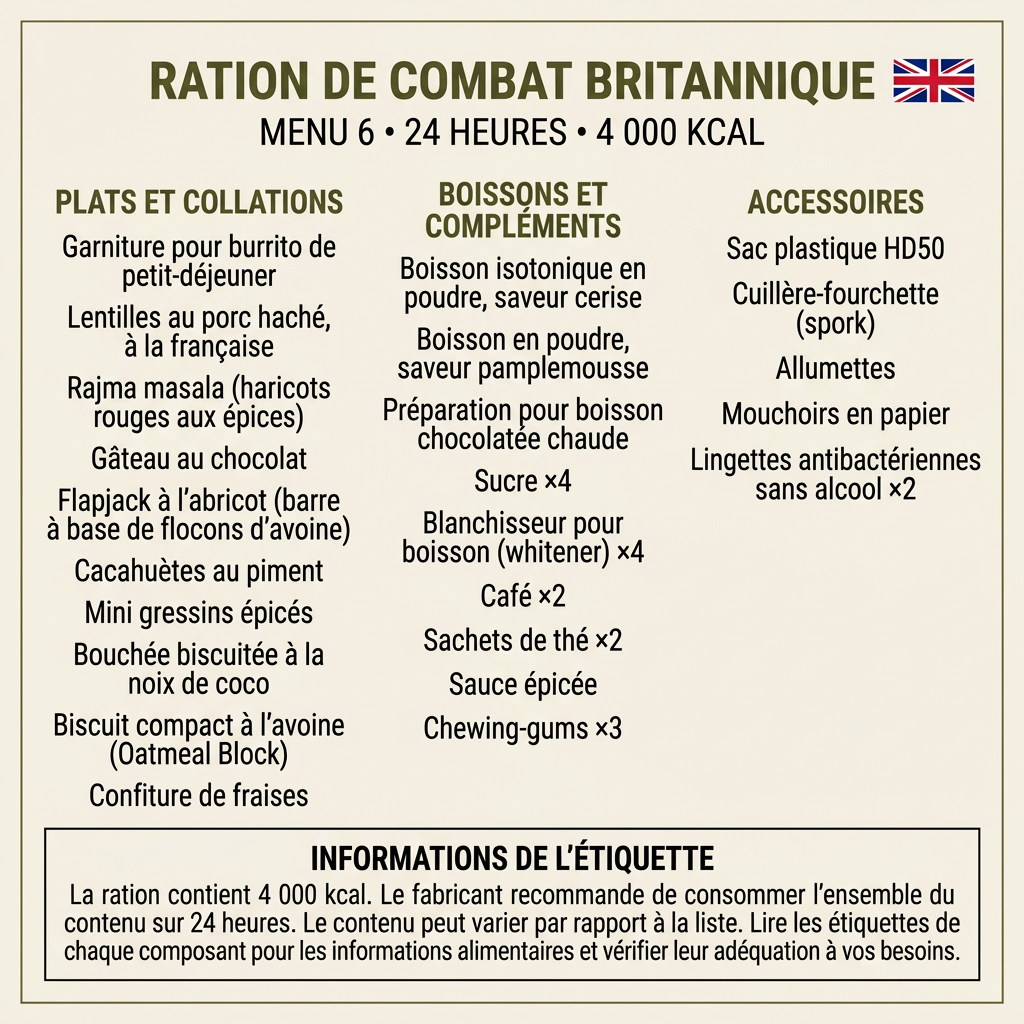 Menu 6 de la ration britannique traduit en français, 24 heures et 4 000 kcal