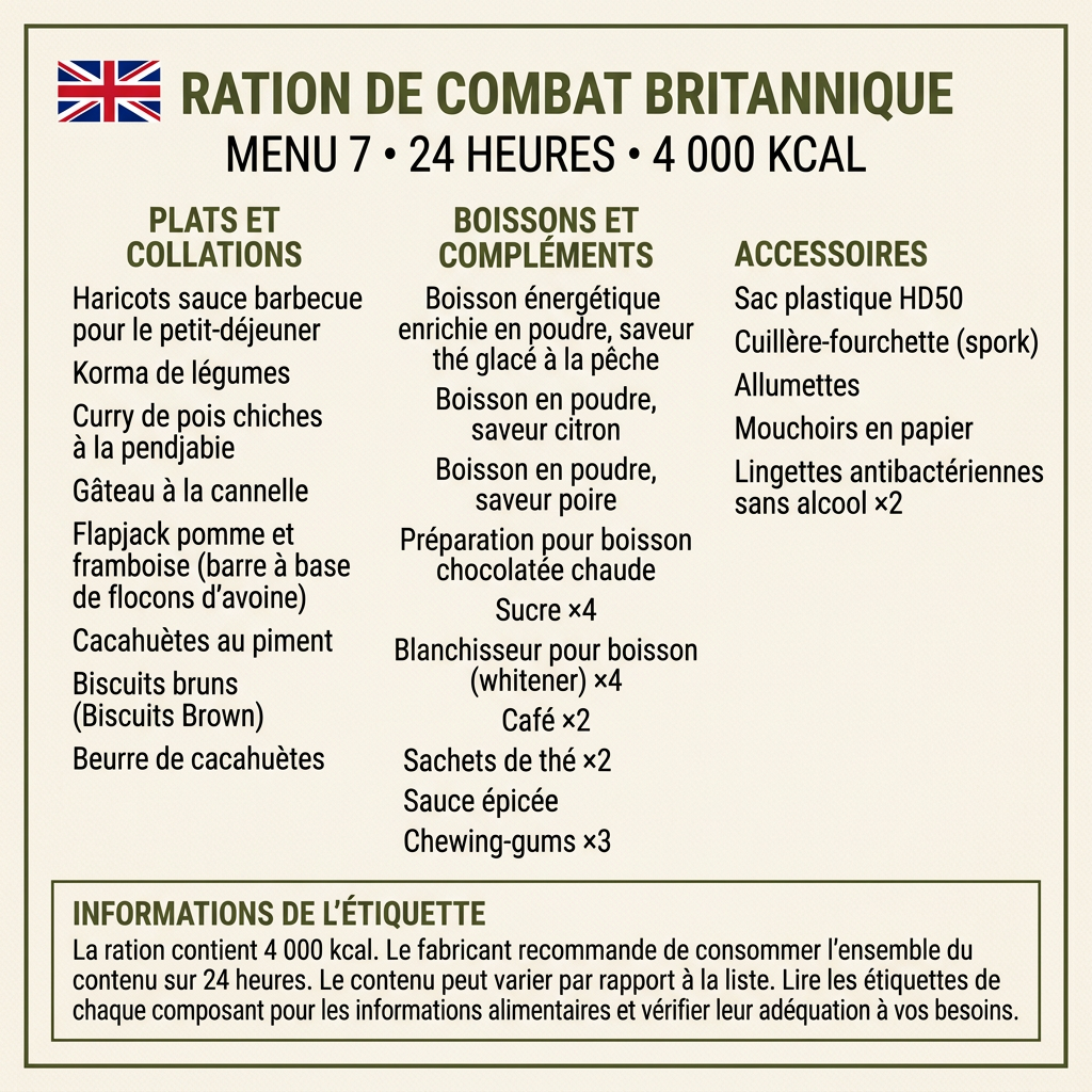 Menu 7 de la ration britannique traduit en français, 24 heures et 4 000 kcal