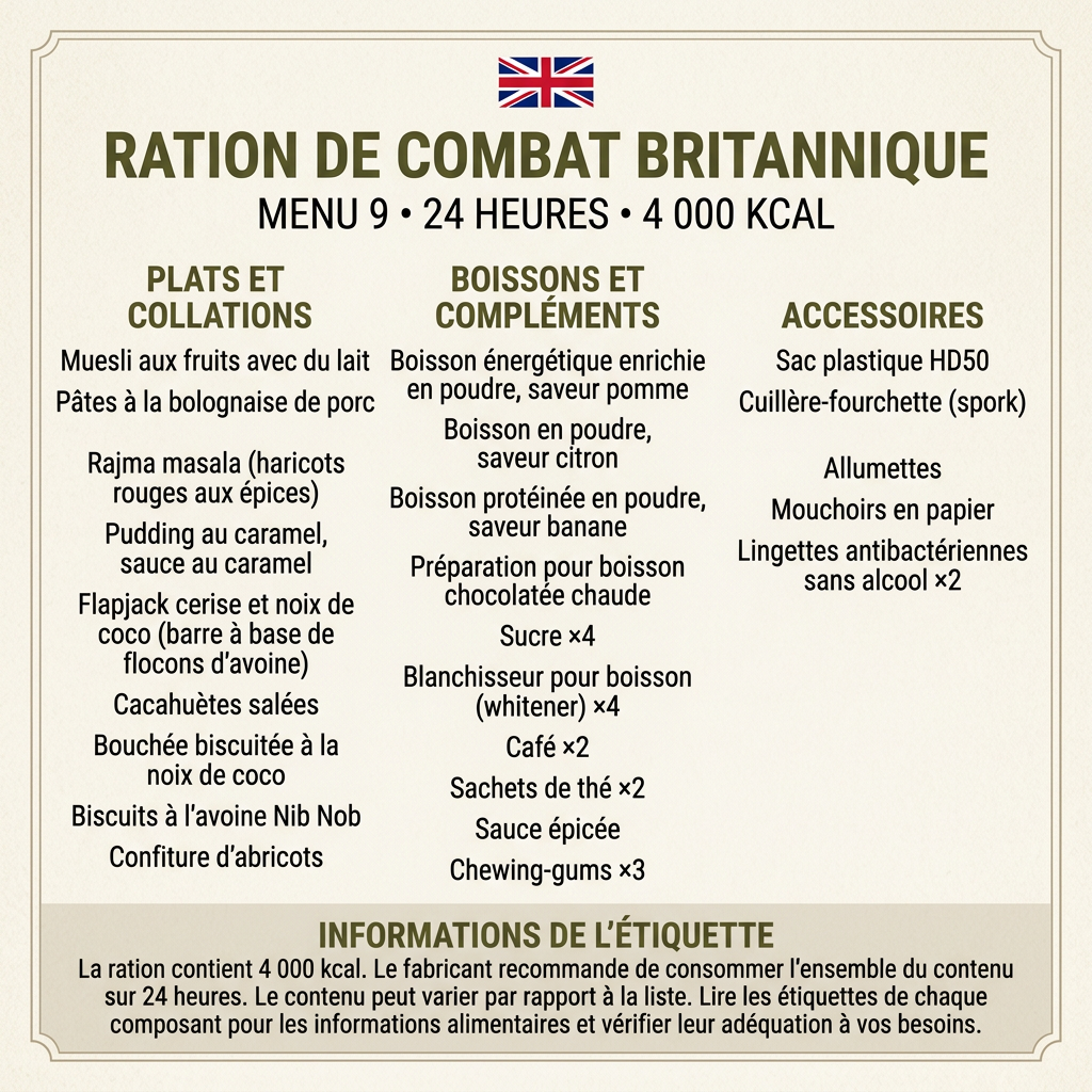 Menu 9 de la ration britannique traduit en français, 24 heures et 4 000 kcal