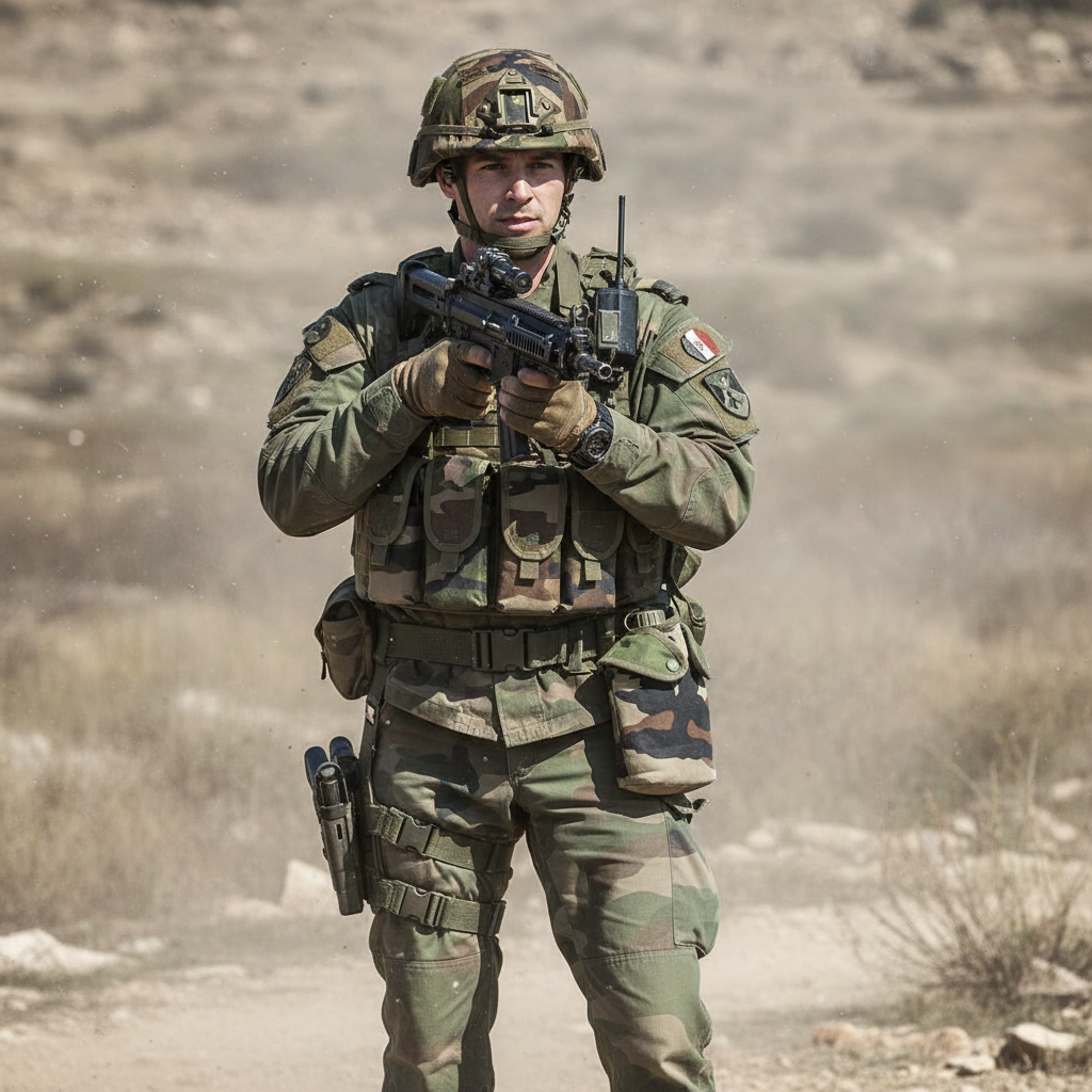 Soldat en tenue camouflée, casque et gilet tactique, tenant une arme à feu en position prête, terrain désertique. Gourde et quart militaire De Buyer associée à l’armée française (mention selon le contexte)