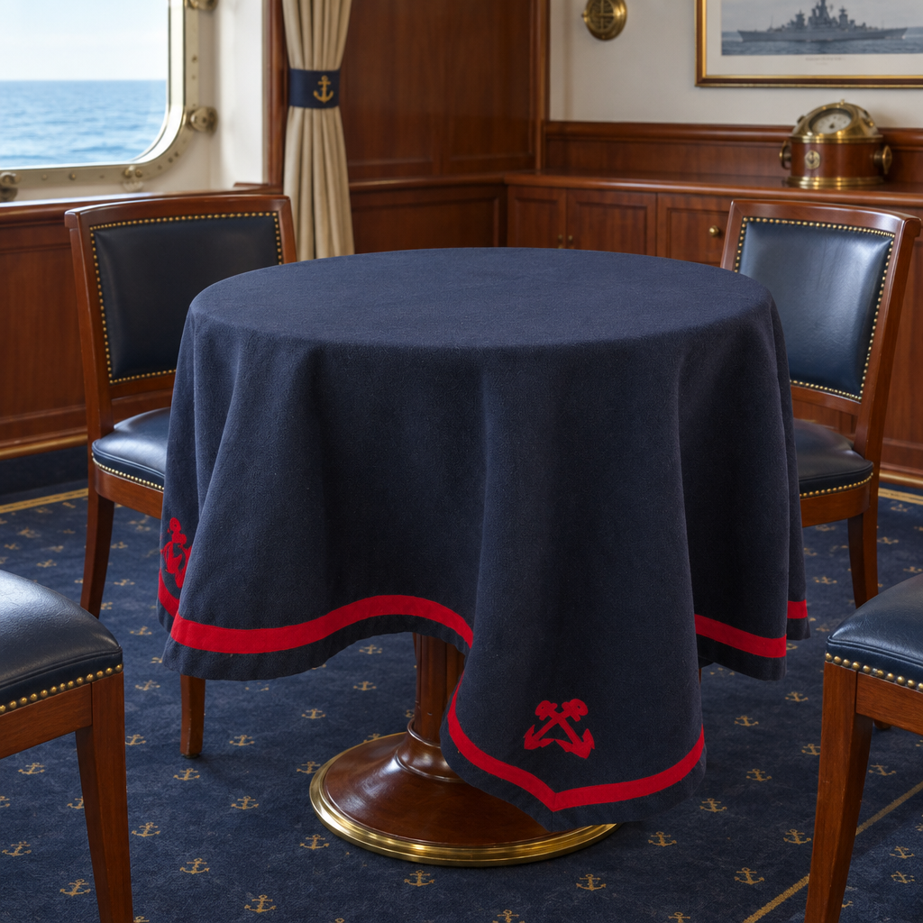 Nappe ronde sur une petite table dans un bâtiment naval