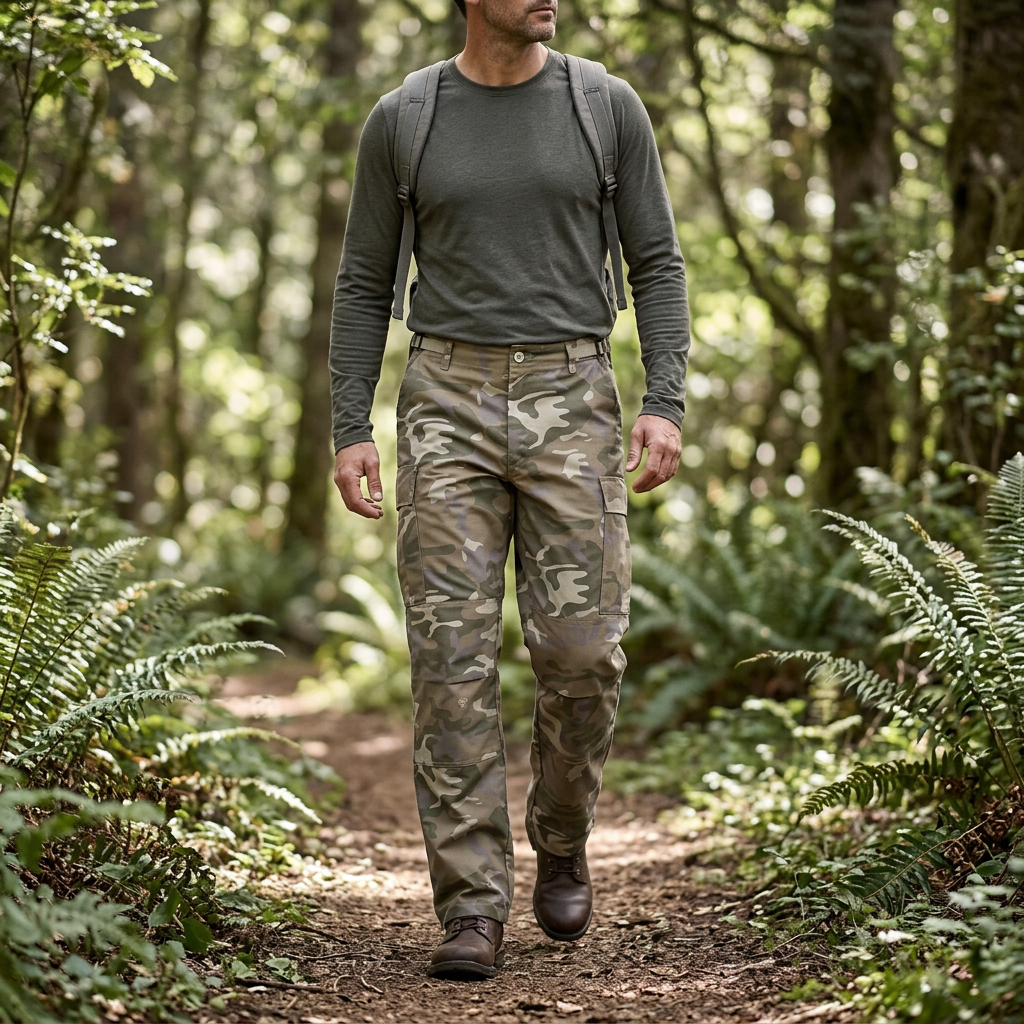 Randonneur en forêt portant le pantalon BDU camouflage Arid Amoeba