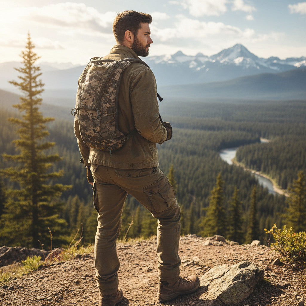 Homme en tenue outdoor avec sac d'hydratation 3 litres ACU, debout sur un promontoire rocheux, vue sur une vallée forestière et montagnes au loin.