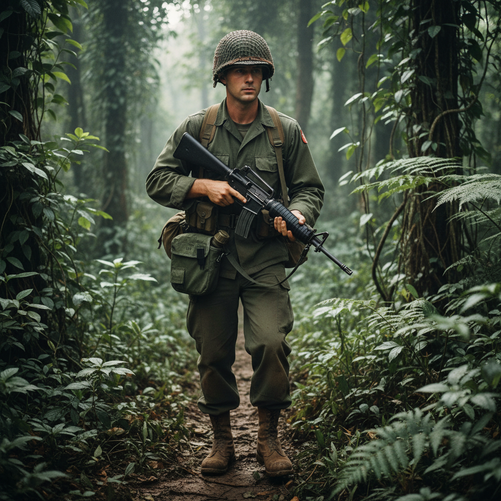 Gourde militaire US Army olive drab et sac isotherme Alice montrés par soldat en uniforme kaki dans une jungle dense.