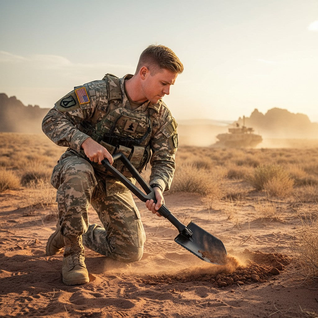 Soldat en uniforme camouflage creuse un trou avec une pelle pliante dans un désert, véhicule blindé au loin, poussière et lumière du coucher du soleil.