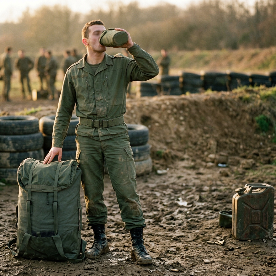 Soldat français en uniforme vert buvant d'une gourde lors d'un entraînement militaire, près d'une pile de pneus et d'un grand sac à dos militaire. Gourde Armée française années 90.