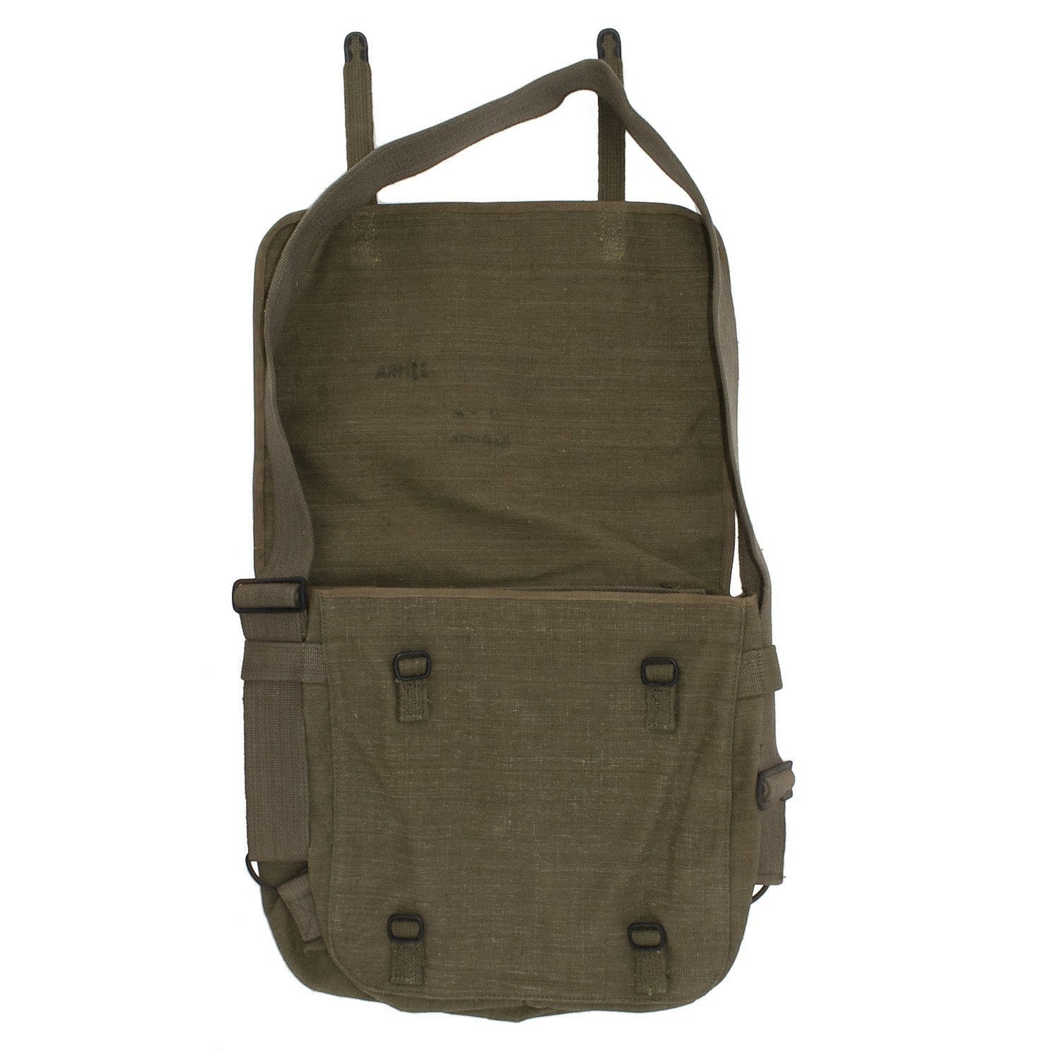 Musette TTA modèle 1950 en toile de coton kaki, sac militaire français authentique, état neuf d'époque, bandoulière réglable.