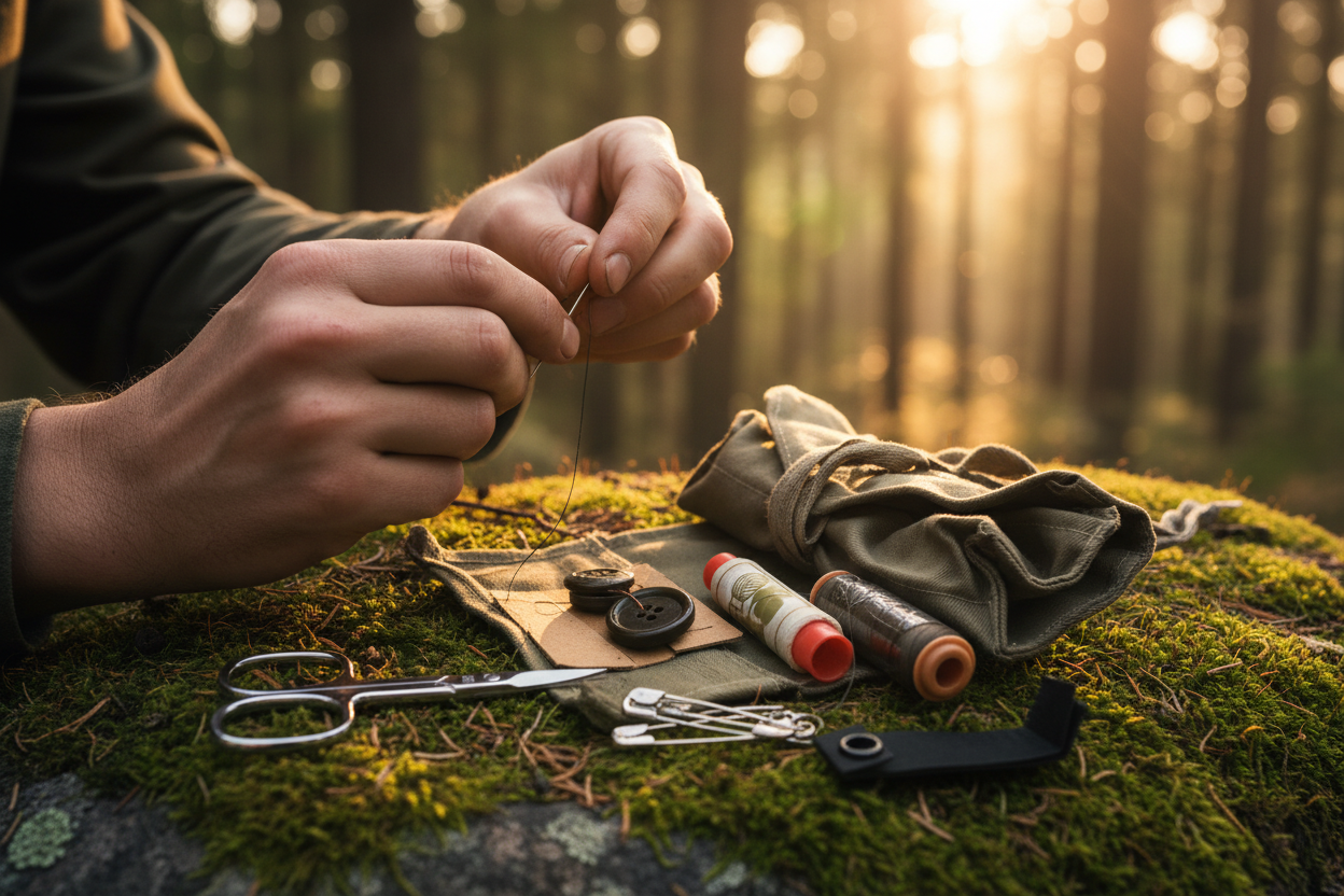 Trousse couture militaire gros plan forêt lumière dorée