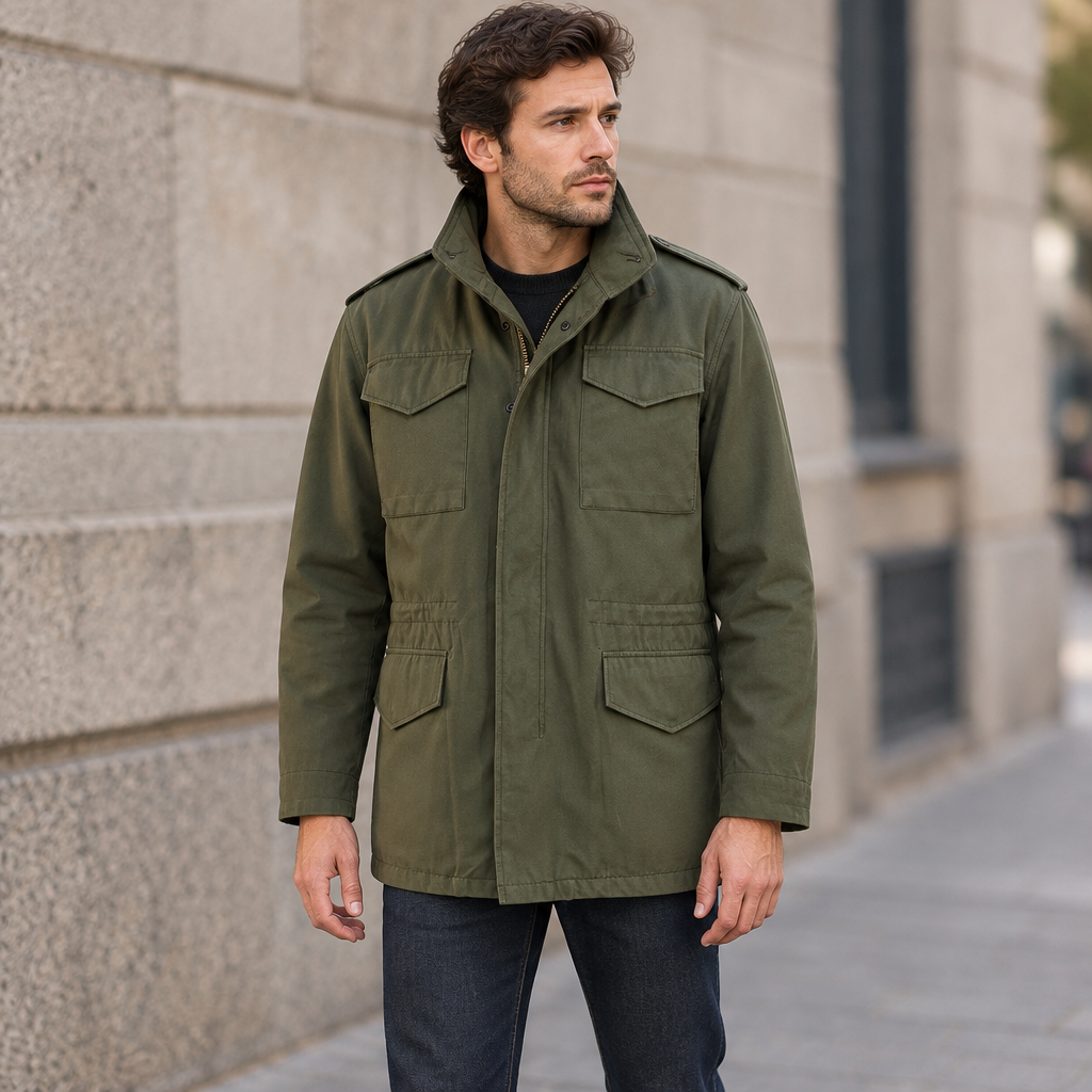 Veste portée avec les deux mains visibles hors des poches
